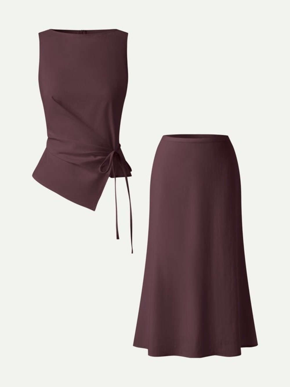 OGL Linen 2Pcs Set Boatneck Waist-Defined Top & Maxi Flared Pull-On Skirt